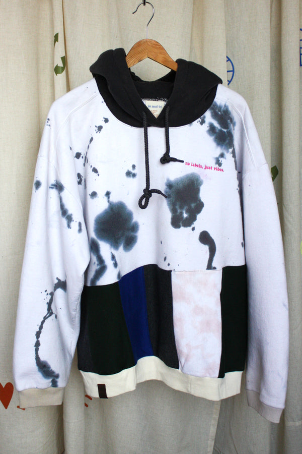 tie dyed, mash up sweater, patchwork design, scrap fabric sweater, upcycled and repurposed in canada