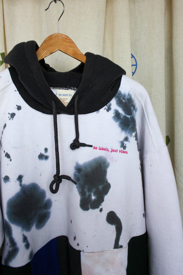 tie dyed, mash up sweater, patchwork design, scrap fabric sweater, upcycled and repurposed in canada