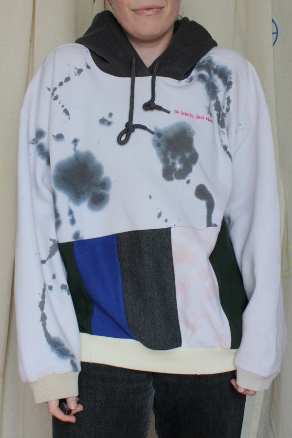 tie dyed, mash up sweater, patchwork design, scrap fabric sweater, upcycled and repurposed in canada
