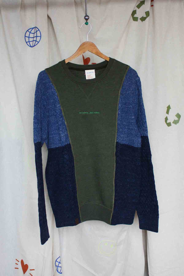 blue and green mash up sweater, crewneck, upcycled clothing, thrifted in canada