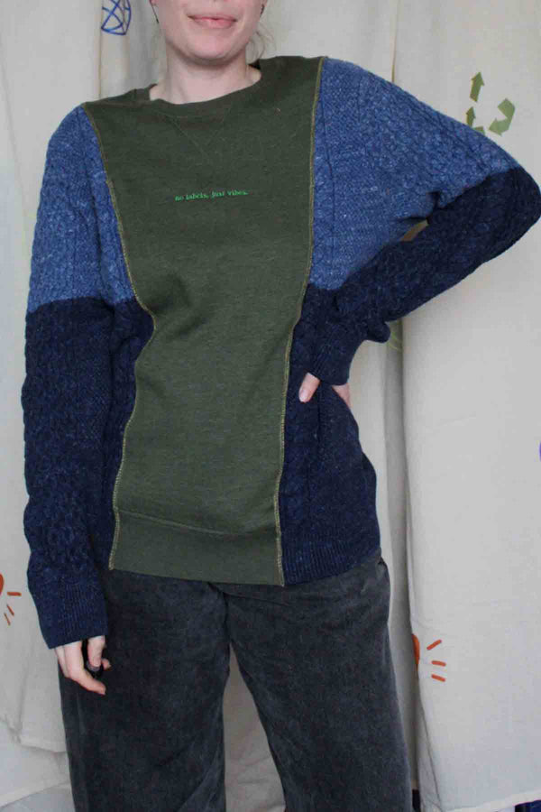 blue and green mash up sweater, crewneck, upcycled clothing, thrifted in canada