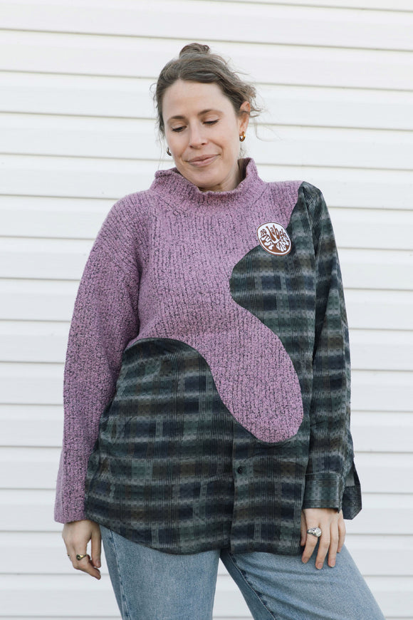 mauve and plaid sweater with squiggly line detail, mockneck, upcycled in canada