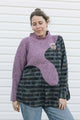 mauve and plaid sweater with squiggly line detail, mockneck, upcycled in canada