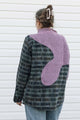 mauve and plaid sweater with squiggly line detail, mockneck, upcycled in canada