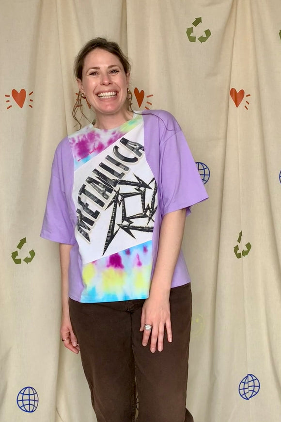 upcycled tie dye, pastel lavender tee with metallica band logo, repurposed in canada