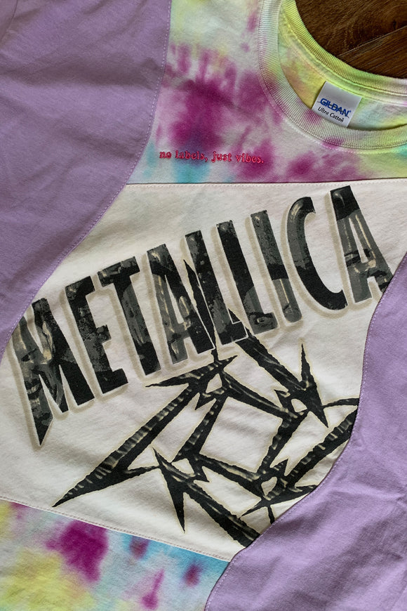 upcycled tie dye, pastel lavender tee with metallica band logo, repurposed in canada