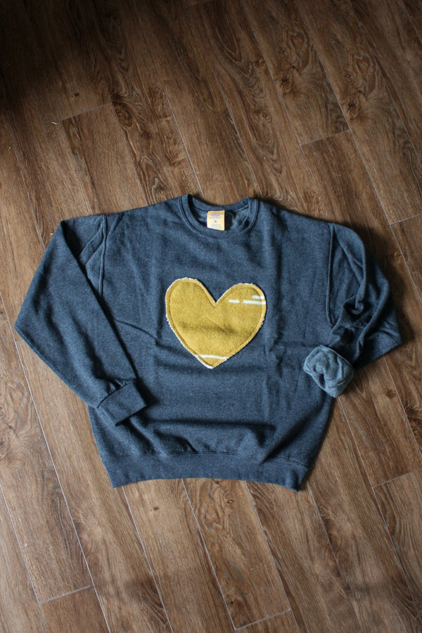 mini tipi fabric, upcycling, heart sweater, inspired by honey, handsewn in canada, mustard heart, charcoal sweater