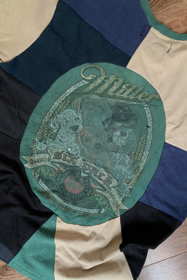 upcycled green, black & tan patchwork tee, featuring miller beer logo, repurposed in canada