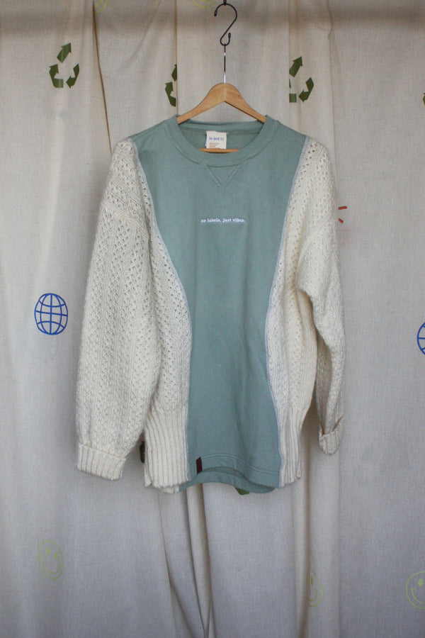 green and cream knit crewneck sweater, upcycled in canada 