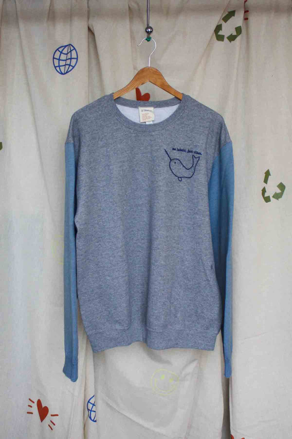 narwhal embroidery, knit sleeves, mash up sweater, upcycled