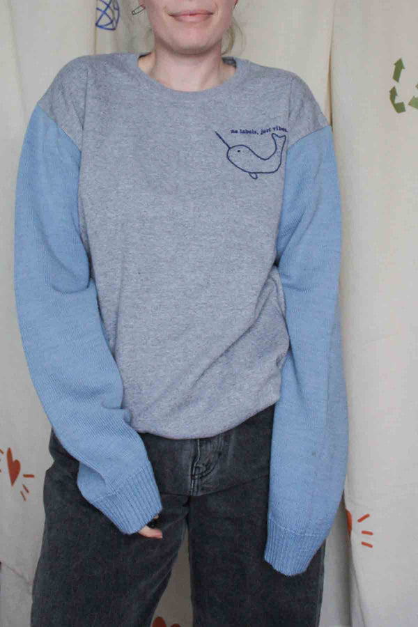 narwhal embroidery, knit sleeves, mash up sweater, upcycled