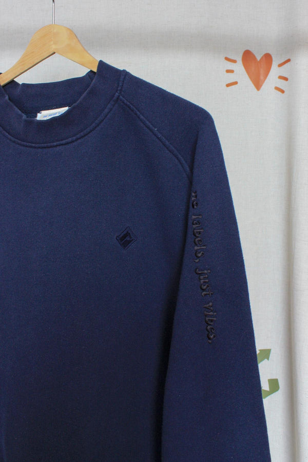 navy crewneck sweater with no labels just vibes embroidered
