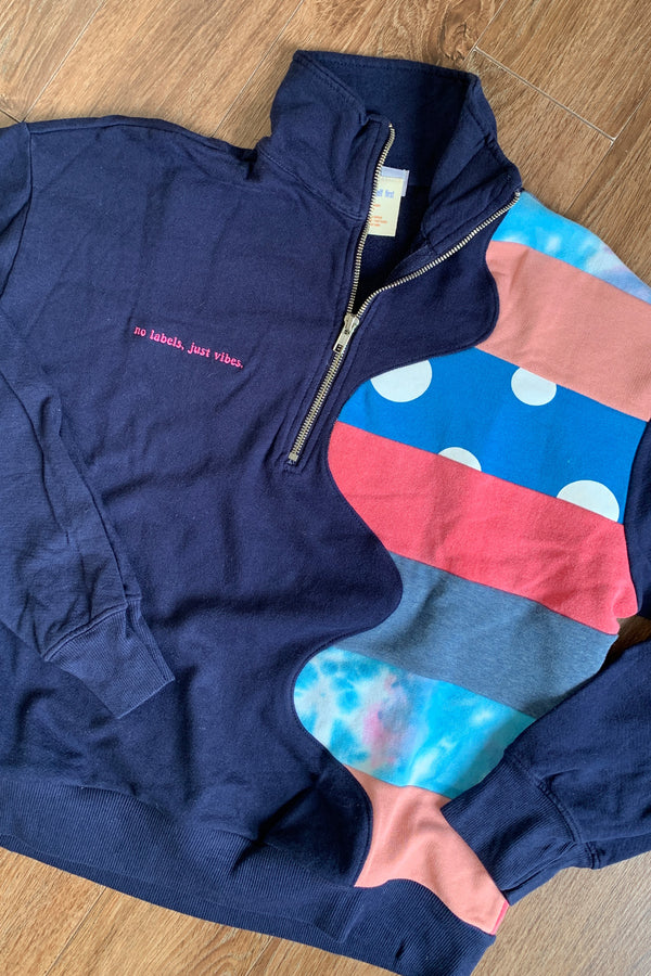navy upcycled half zip with pops of coral, polka dots and tie dye, repurposed in caanda