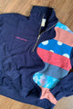 navy upcycled half zip with pops of coral, polka dots and tie dye, repurposed in caanda