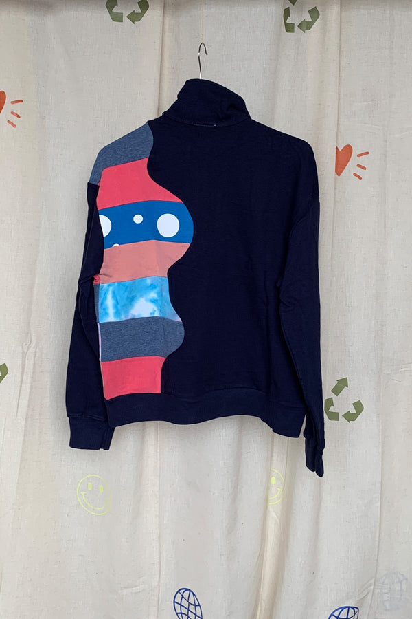 navy upcycled half zip with pops of coral, polka dots and tie dye, repurposed in caanda