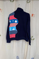 navy upcycled half zip with pops of coral, polka dots and tie dye, repurposed in caanda