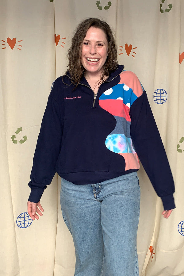 navy upcycled half zip with pops of coral, polka dots and tie dye, repurposed in caanda