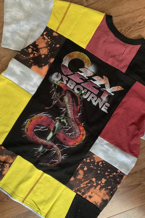 colourful patchwork ozzy osbourne tshirt, upcycled and repurposed in canada