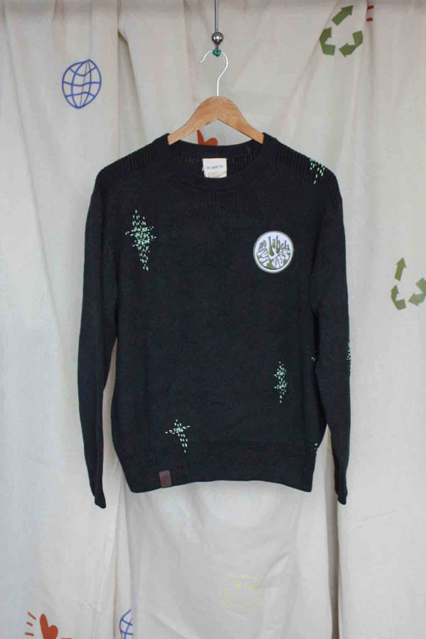 knit man sweater, visible mending, upcycled clothing, no labels, just vibes no patch