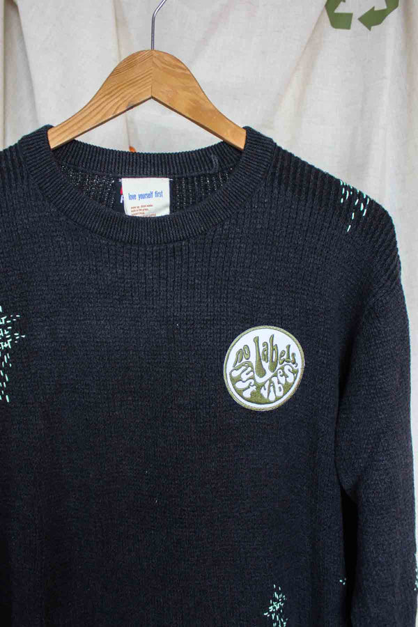 knit man sweater, visible mending, upcycled clothing, no labels, just vibes no patch