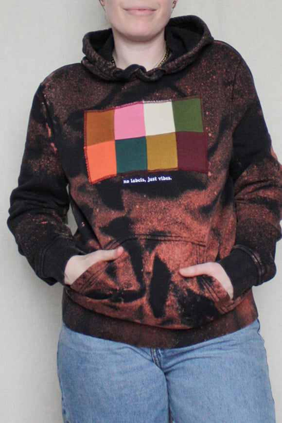 bleached patchwork hoodie, bleached sweater, thrifted fashion, upcycled clothing, no labels, just vibes