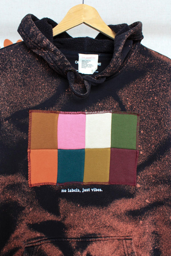bleached patchwork hoodie, bleached sweater, thrifted fashion, upcycled clothing, no labels, just vibes