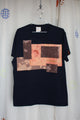 black tee with orange and brown squares, upcycled clothing, thrifted fashion, no labels, just vibes