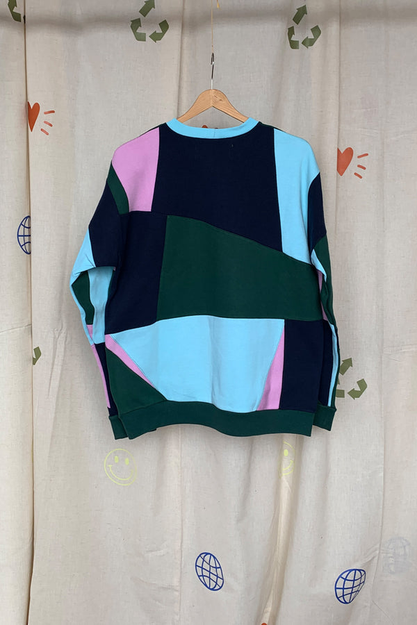 green, blue & aqua patchwork sweater, upcycled design, repurposed in canada
