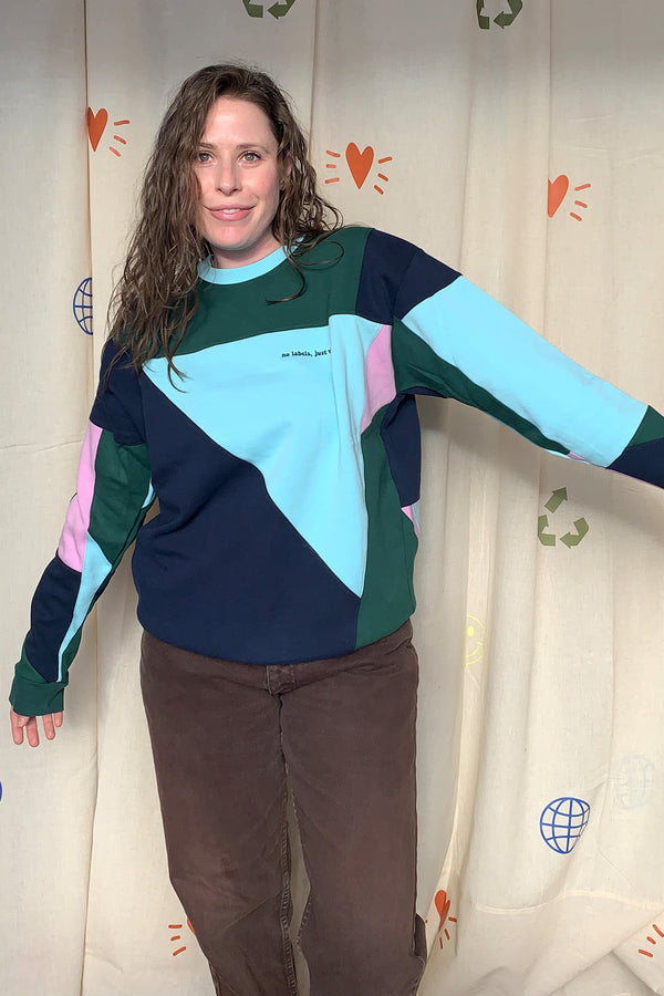 green, blue & aqua patchwork sweater, upcycled design, repurposed in canada