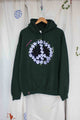 green hoodie with floral embroidered peace symbol, upcycled fashion