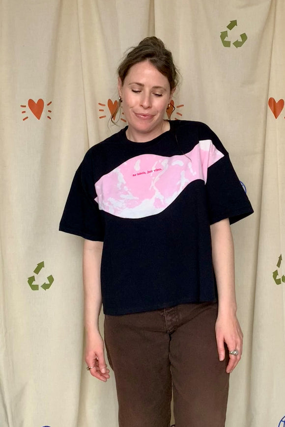 upcycled black t-shirt with pink bleached details, repurposed in canada