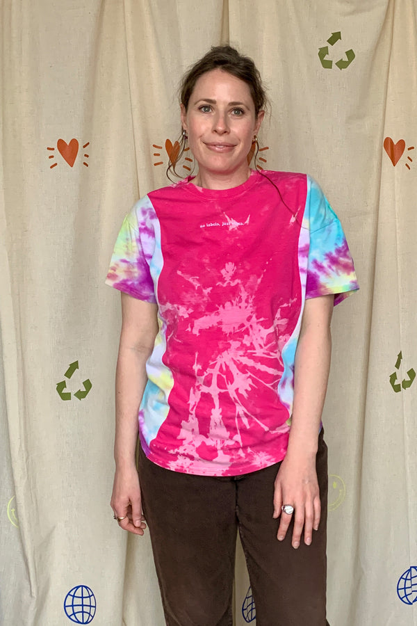upcycled colourful pink and tie-dye t-shirt, repurposed in canada