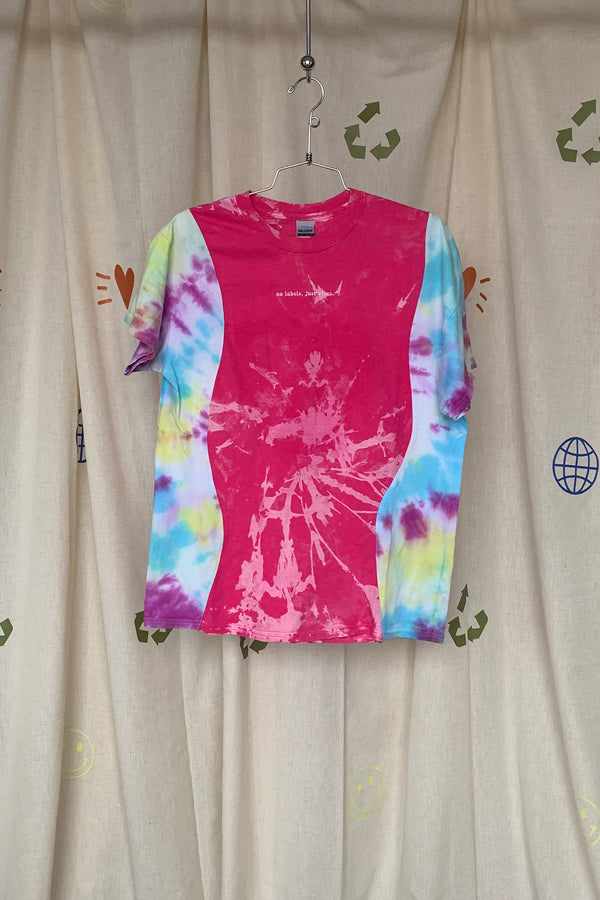 upcycled colourful pink and tie-dye t-shirt, repurposed in canada
