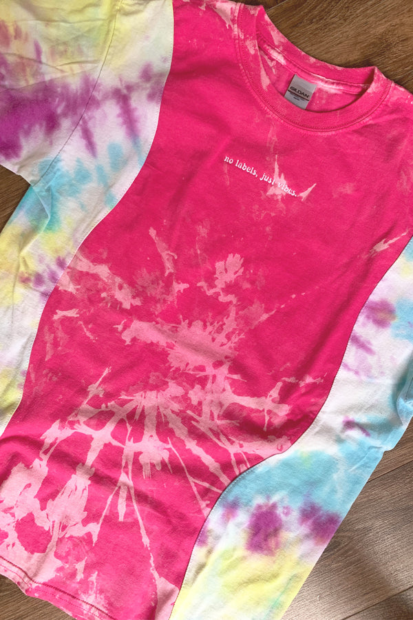 upcycled colourful pink and tie-dye t-shirt, repurposed in canada