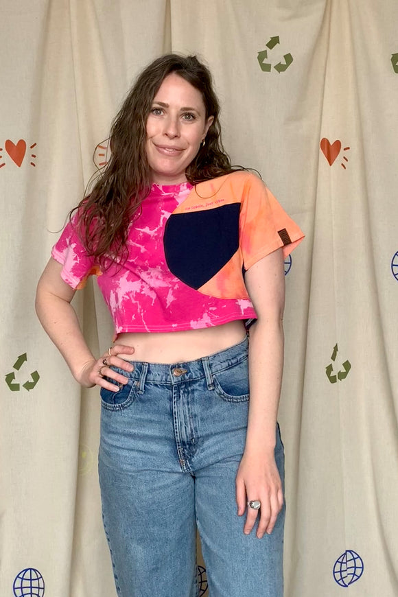 upcycled pink, orange and navy crop top, repurposed in canada