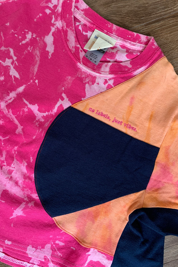 upcycled pink, orange and navy crop top, repurposed in canada