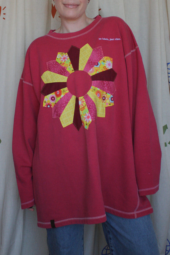 pink sweater with colourful quilted pinwheel, repurposed clothing, secondhand, upcycled