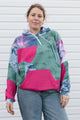 pink, blue, teal and tie dyed patchwork hoodie