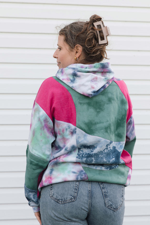 pink, blue, teal and tie dyed patchwork hoodie