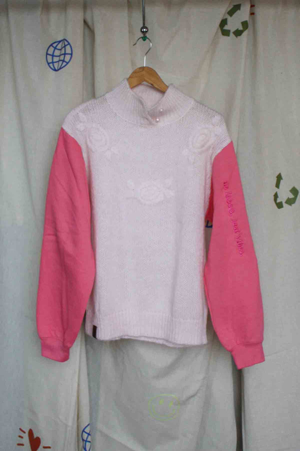 pink knit sweater with roses, upcycled clothing, thrifted fashion
