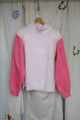 pink knit sweater with roses, upcycled clothing, thrifted fashion