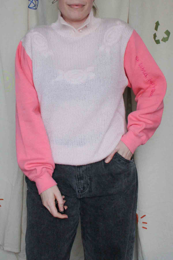 pink knit sweater with roses, upcycled clothing, thrifted fashion