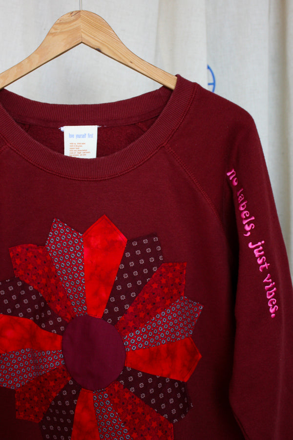 red pinwheel quilt motif, red sweater, repurposed clothing, upcycled, no labels, just vibes
