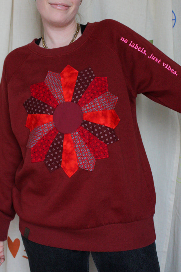 red pinwheel quilt motif, red sweater, repurposed clothing, upcycled, no labels, just vibes