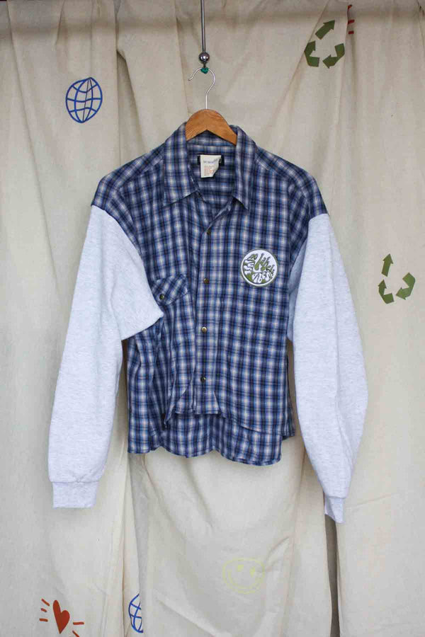 plaid shirt with sweater sleevers, no labels just vibes patch, upcycled clothing