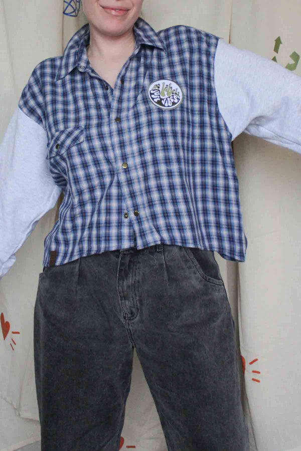 plaid shirt with sweater sleevers, no labels just vibes patch, upcycled clothing