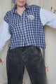 plaid shirt with sweater sleevers, no labels just vibes patch, upcycled clothing
