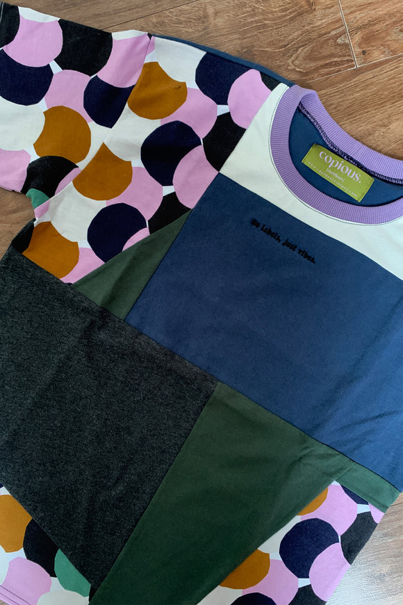 upcycled navy, green and polka dot patchwork t-shirt, repurposed in canada