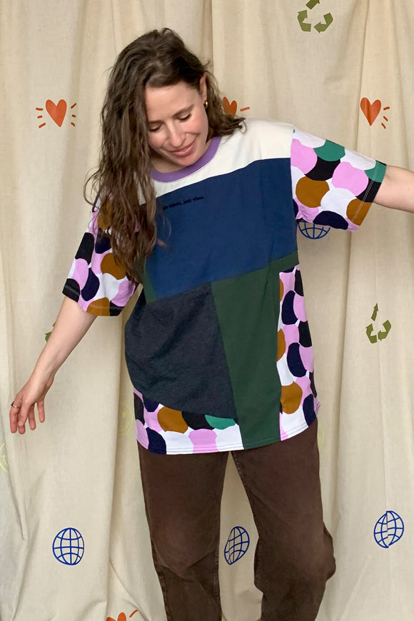 upcycled navy, green and polka dot patchwork t-shirt, repurposed in canada