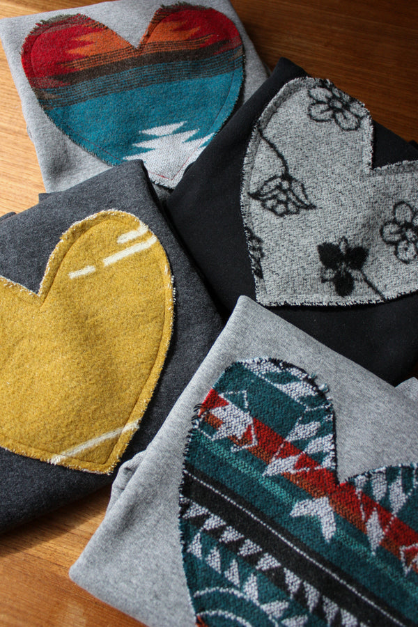 Mini Tipi scrap fabric, heart sweater, recycled fabric, upcycled scraps, hand cut in Canada